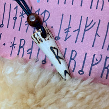 Load image into Gallery viewer, Viking Pendant Carved Deer Antler with Runes - Good Luck Charm - Raidho Rune- Norse/Warrior/Safe Journey/Amulet - Leather Necklace