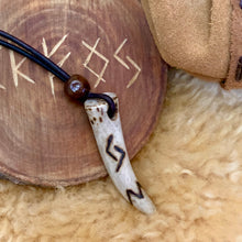 Load image into Gallery viewer, Viking Pendant Carved Deer Antler with Runes - Good Luck Charm - Jera Rune- Norse/Warrior/Fertility/Amulet - Leather Necklace