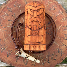 Load image into Gallery viewer, Handmade Norse rune necklace featuring a carved antler pendant on leather.