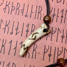Load image into Gallery viewer, Viking Pendant Carved Deer Antler with Runes - Good Luck Charm - Jera Rune- Norse/Warrior/Fertility/Amulet - Leather Necklace