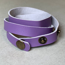 Load image into Gallery viewer, Boho Leather Wrist Wrap – Men’s or Women’s Bracelet Purple Triple Wrap, Snap Closure