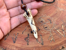 Load image into Gallery viewer, Viking Pendant Carved Deer Antler with Runes - Good Luck Charm - Kenaz Rune- Norse/Warrior/Torch/Amulet - Leather Necklace