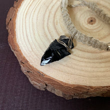 Load image into Gallery viewer, Obsidian Arrowhead Hemp Necklace – Silver Wrapped Men's Tribal Stone Jewelry