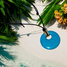 Load image into Gallery viewer, Leather Necklace With Large Turquoise Magnesite Donut And Hemp
