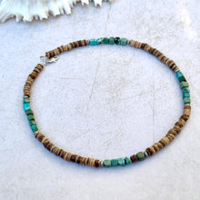 Load image into Gallery viewer, Mens Green Surf Necklace - Coconut Shell & Turquoise Beads - Handmade Shell with Island Vibes