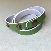 Load image into Gallery viewer, Boho Leather Wrist Wrap – Men’s or Women’s Bracelet Green Triple Wrap, Snap Closure