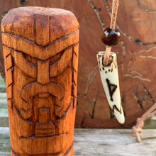 Load image into Gallery viewer, Viking Pendant Carved Deer Antler with Runes - Good Luck Charm - Thurisaz Rune- Norse/Warrior/Strong One/Amulet - Leather Necklace