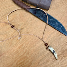 Load image into Gallery viewer, Viking Pendant Carved Deer Antler with Runes - Good Luck Charm - Dagaz Rune- Norse/Warrior/Transformation/Amulet - Leather Necklace