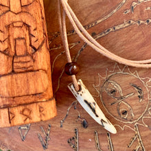 Load image into Gallery viewer, Viking Pendant Carved Deer Antler with Runes - Good Luck Charm - Thurisaz Rune- Norse/Warrior/Strong One/Amulet - Leather Necklace
