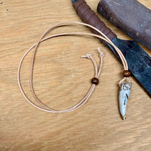 Load image into Gallery viewer, Handmade Norse rune necklace with carved antler pendant on leather cord