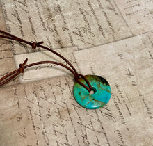 Load image into Gallery viewer, Leather Necklace With Mini Turquoise Donut