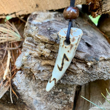 Load image into Gallery viewer, Viking Pendant Carved Deer Antler with Runes - Good Luck Charm - Eihwaz Rune- Norse/Warrior/World Tree/Amulet - Leather Necklace