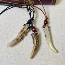 Load image into Gallery viewer, Natural Deer Antler Tip Necklace, Adjustable Leather Cord, Rustic Woodland Pendant, Handmade Nature Jewelry