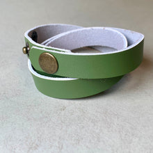 Load image into Gallery viewer, Boho Leather Wrist Wrap – Men’s or Women’s Bracelet Green Triple Wrap, Snap Closure