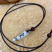 Load image into Gallery viewer, Handmade Norse rune necklace featuring a carved antler pendant on leather.
