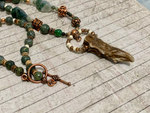 Load image into Gallery viewer, Antler Tip Necklace Green Agate Horn Primitive Jewelry, Tribal Necklace, Rustic Choker OOAK