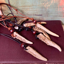 Load image into Gallery viewer, Natural Deer Antler Tip Necklace, Adjustable Leather Cord, Rustic Woodland Pendant, Handmade Nature Jewelry