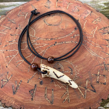 Load image into Gallery viewer, Viking Pendant Carved Deer Antler with Runes - Good Luck Charm - Kenaz Rune- Norse/Warrior/Torch/Amulet - Leather Necklace