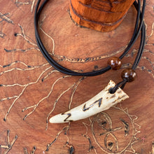 Load image into Gallery viewer, Viking Pendant Carved Deer Antler with Runes - Good Luck Charm - Eihwaz Rune- Norse/Warrior/World Tree/Amulet - Leather Necklace