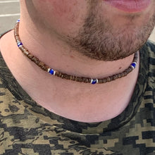 Load image into Gallery viewer, Evil Eye Talisman – Beach-Inspired Necklace - Coconut Shell & Beads - Handmade Shell with Island Vibes