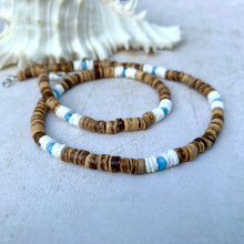 Load image into Gallery viewer, Ocean Drift Necklace – White Puka Shell with Blue Glass & Coconut Beads - Mens surf necklace