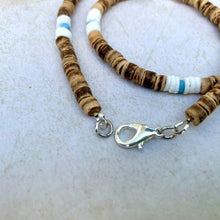 Load image into Gallery viewer, Ocean Drift Necklace – White Puka Shell with Blue Glass & Coconut Beads - Mens surf necklace