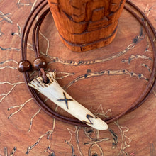Load image into Gallery viewer, Viking Pendant Carved Deer Antler with Runes - Good Luck Charm - Gebo Rune- Norse/Warrior/Gift/Amulet - Leather Necklace