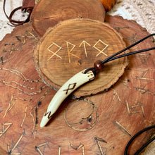 Load image into Gallery viewer, Viking Pendant Carved Deer Antler with Runes - Good Luck Charm - Othala Rune- Norse/Home/Family/Home/Amulet - Leather Necklace