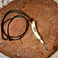 Load image into Gallery viewer, Viking Pendant Carved Deer Antler with Runes - Good Luck Charm - Othala Rune- Norse/Home/Family/Home/Amulet - Leather Necklace