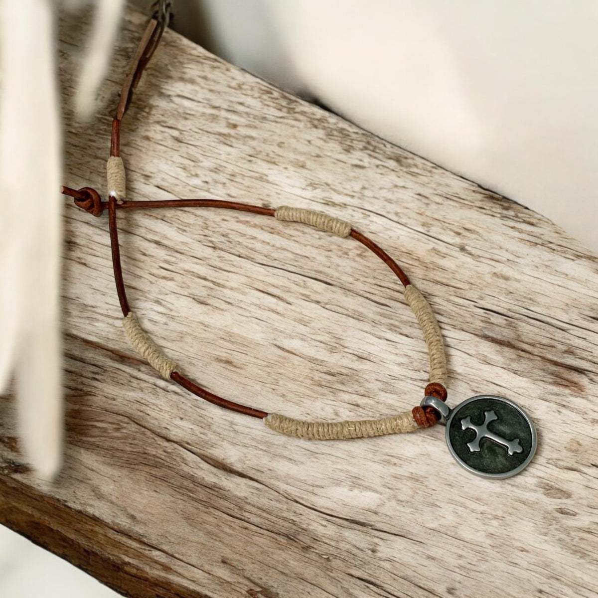 Rustic Leather & Hemp Necklace with Pewter Cross – Handmade Boho