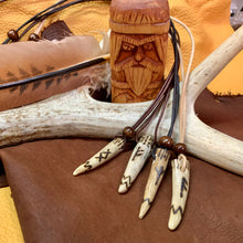 Load image into Gallery viewer, Viking Pendant Carved Deer Antler with Runes - Good Luck Charm - Ehwaz Rune- Norse/Warrior/Partnership/Amulet - Leather Necklace