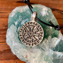 Load image into Gallery viewer, Viking Shield Pendant with Runes - Good Luck Charm -Rune- Norse/Warrior/Protection/Amulet - Leather Necklace