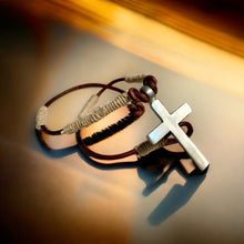 Load image into Gallery viewer, Large Pewter Cross Necklace on Leather and Hemp Cord