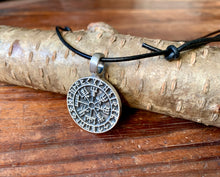 Load image into Gallery viewer, Viking Shield Pendant with Runes - Good Luck Charm -Rune- Norse/Warrior/Protection/Amulet - Leather Necklace