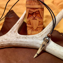 Load image into Gallery viewer, Norse rune necklace with carved antler pendant on leather cord
