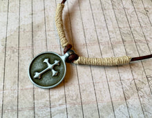 Load image into Gallery viewer, Rustic Leather & Hemp Necklace with Pewter Cross β Handmade Boho Christian Jewelry