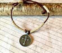 Load image into Gallery viewer, Rustic Leather & Hemp Necklace with Pewter Cross β Handmade Boho Christian Jewelry