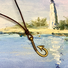 Load image into Gallery viewer, Leather Surfer Necklace with Pewter Fish Hook Pendant – Nautical Men's Jewelry