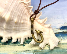 Load image into Gallery viewer, Leather Surfer Necklace with Pewter Fish Hook Pendant – Nautical Men's Jewelry