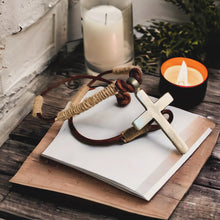 Load image into Gallery viewer, Large Pewter Cross Necklace on Leather and Hemp Cord