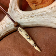 Load image into Gallery viewer, Viking Pendant Carved Deer Antler with Runes - Good Luck Charm - INGWAZ Rune- Norse/Warrior/Protection/Amulet - Leather Necklace