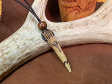 Load image into Gallery viewer, Viking Pendant Carved Deer Antler with Runes - Good Luck Charm -Algiz Rune- Norse/Warrior/Protection/Amulet - Leather Necklace