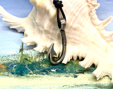Load image into Gallery viewer, Leather Surfer Necklace with Pewter Fish Hook Pendant – Nautical Men's Jewelry