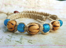 Load image into Gallery viewer, Flat Hemp Necklace in Natural Tone | Bold Eco Design | Palm Wood Turquoise Beads