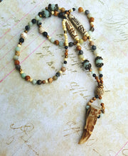 Load image into Gallery viewer, Antler Tip Necklace Amazonite Horn Primitive Jewelry, Tribal Necklace, Rustic Choker