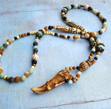 Load image into Gallery viewer, Antler Tip Necklace Amazonite Horn Primitive Jewelry, Tribal Necklace, Rustic Choker