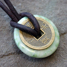 Load image into Gallery viewer, Leather Necklace With Chinese Coin And Peace Jade Donut