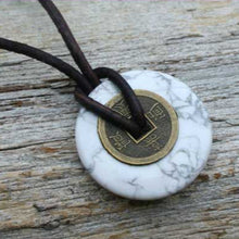 Load image into Gallery viewer, Leather Necklace With Chinese Coin And Howlite Donut