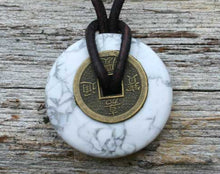 Load image into Gallery viewer, Leather Necklace With Chinese Coin And Howlite Donut