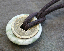 Load image into Gallery viewer, Leather Necklace With Chinese Coin And Peace Jade Donut